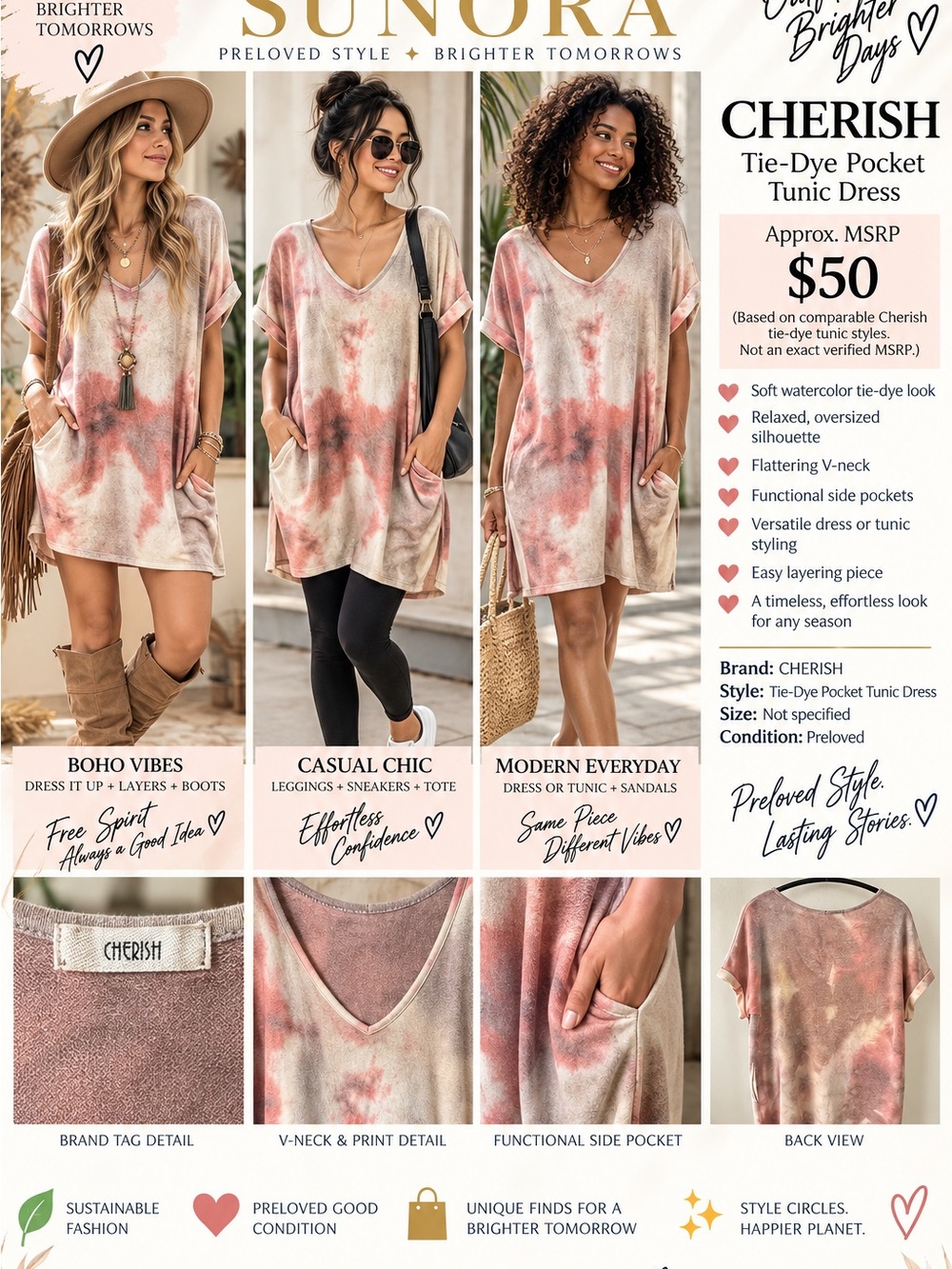Cherish Tie-Dye Pocket Tunic Dress in Pink and Beige